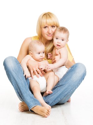 Mother and baby twins, family mom and two kids, white background