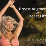 Blond woman with arms raised after getting a breast augmentation and breast lift.