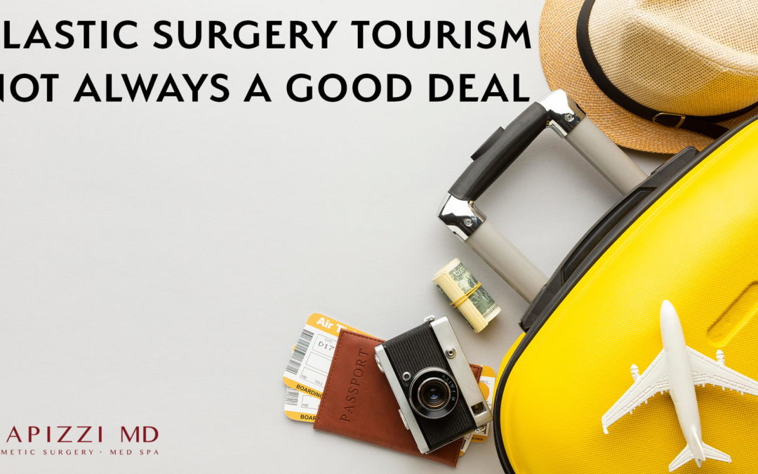 Carryon luggage bag, roll of cash, passport, airline tickets and hat with the title Plastic surgery tourism not always a good deal.