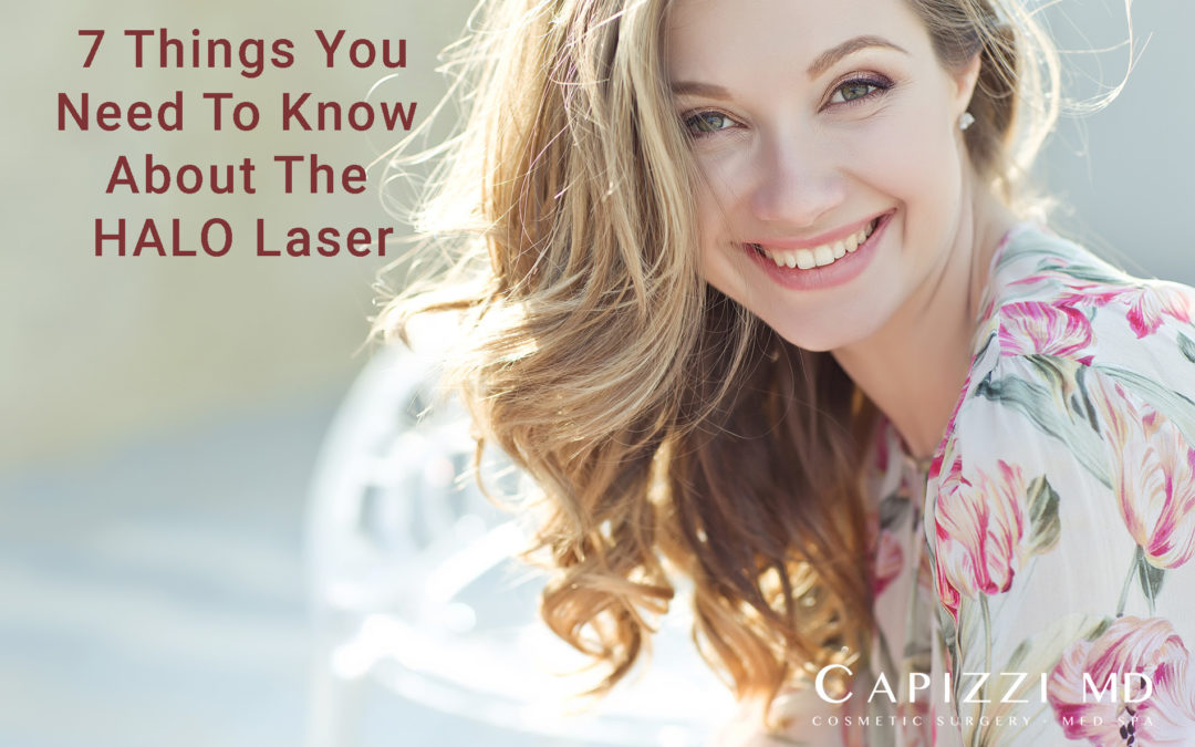The words "7 Things You Need To Know About The HALO Laser" with a smiling woman with smooth and clear facial skin.